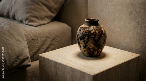 Decorative ceramic vase with abstract patterns placed on minimalist white nightstand in cozy living room