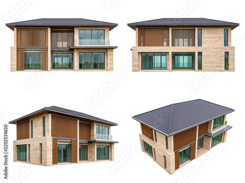 Modern two-story house with stone walls and wooden slats