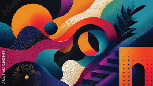 Abstract composition featuring colorful geometric shapes stairs and a circular.