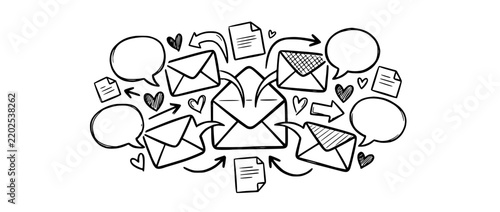 Doodle communication icons with envelopes and speech bubbles