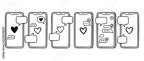 Doodle Mobile Phones with Hearts and Chat Bubbles
