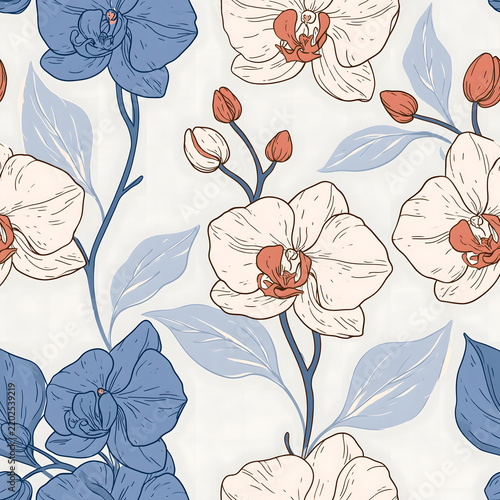 Seamless pattern of blue and white orchids with soft leaves
