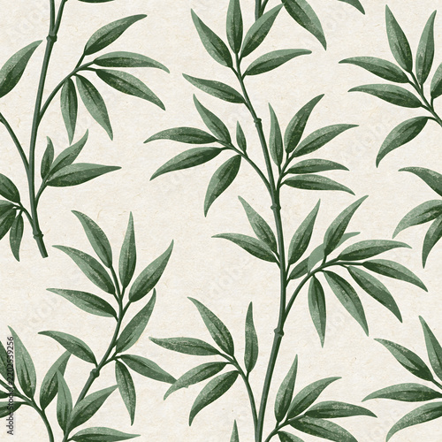Seamless bamboo leaves pattern on textured paper background