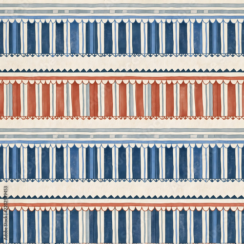 Seamless striped awning pattern in blue and red with vintage fabric style