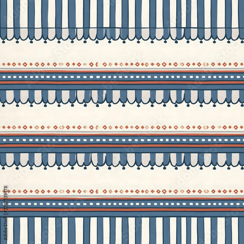 Decorative striped textile pattern with blue and terracotta geometric motifs