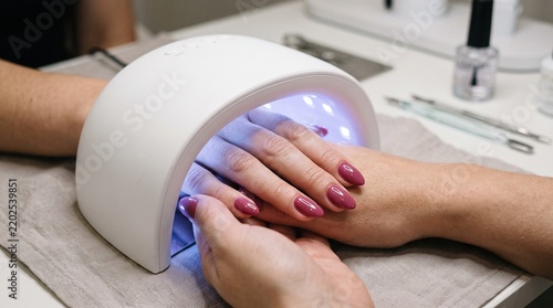 Customer placing hands inside a compact ultraviolet LED lamp to cure gel polish during a relaxing professional salon session.