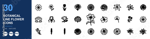 Botanical Flower Icons, Line Art Set, 30 Minimalist Floral Illustrations, Nature Design Elements, Svg Vector Graphics.