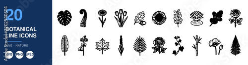 Botanical Line Icons Set, Minimalist Nature Illustration, Decorative Plant Design Elements, Floral Vector Graphics.