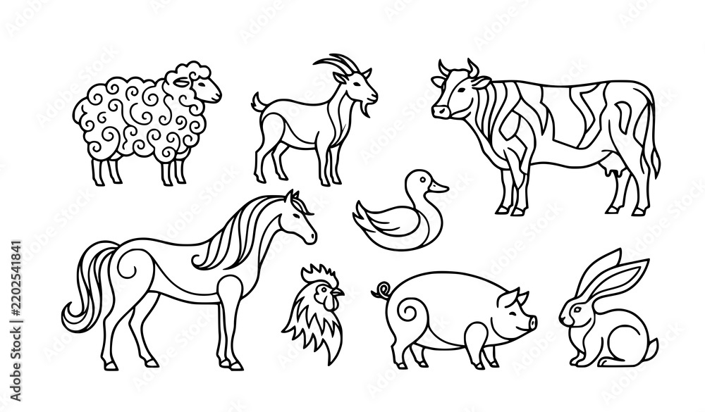 Obraz premium Stylized Agricultural Farm Animal Line Art Vector Collection