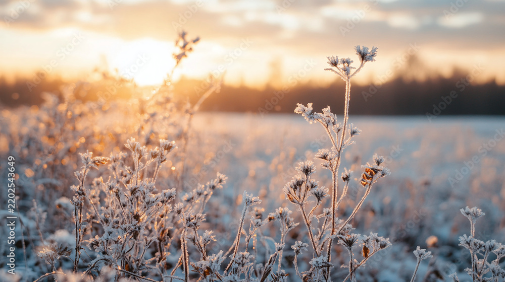 Obraz premium Frosty wild plants covered in ice crystals during a cold winter sunrise in a snowy field. Peaceful nature landscape with beautiful morning light shining through frozen meadow vegetation and horizon. X