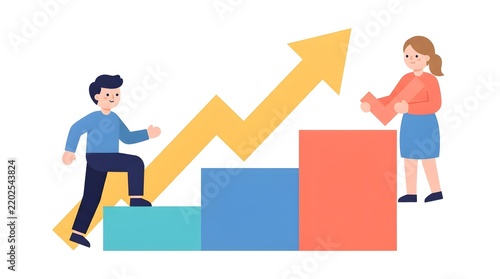 Business growth and career progression concept with man stepping up bar chart steps and woman holding check mark vector illustration