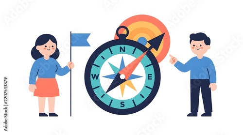 Business teamwork concept with man and woman guiding direction using compass, target board, and holding success flag vector illustration