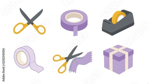 Illustrated scissors and tape icon set