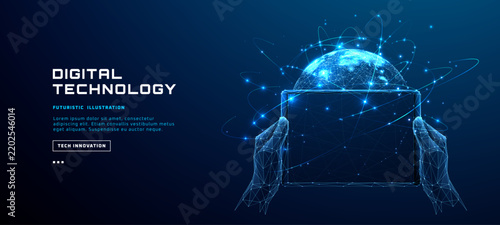 Global network connects digital world through futuristic tech interface. Blue planet visualization shows worldwide business data and international communication concept. Vector illustration