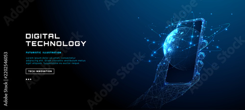 Smartphone displaying illuminated earth with neon data streams. Futuristic visualization of international connectivity, financial markets, and digital communication infrastructure. Vector illustration