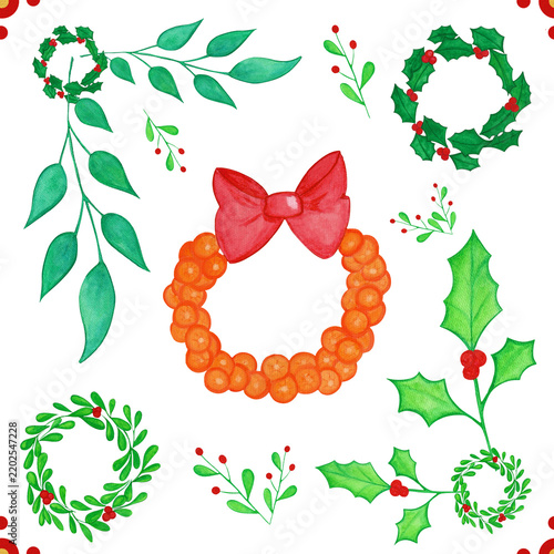 Seamless botanical Christmas pattern with holly leaves and red berries