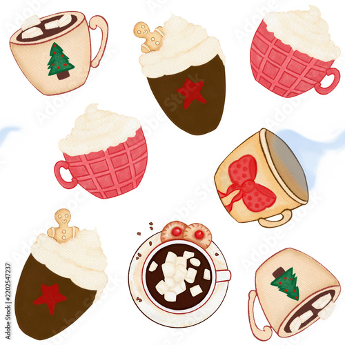 Seamless festive mug pattern with winter hot drinks