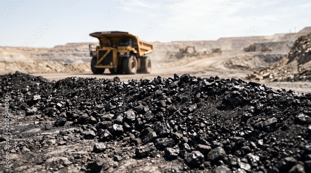 Obraz premium Large Heavy Mining Truck Transporting Coal from an Open Pit Quarry