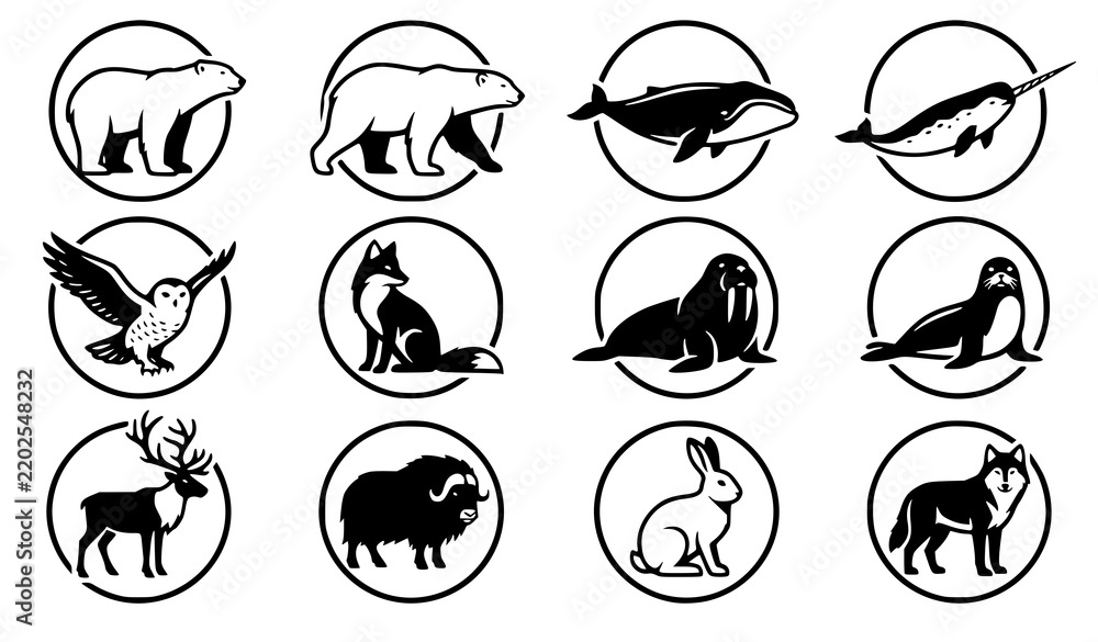 Obraz premium Arctic Animals Black and White Circular Vector Icon Set