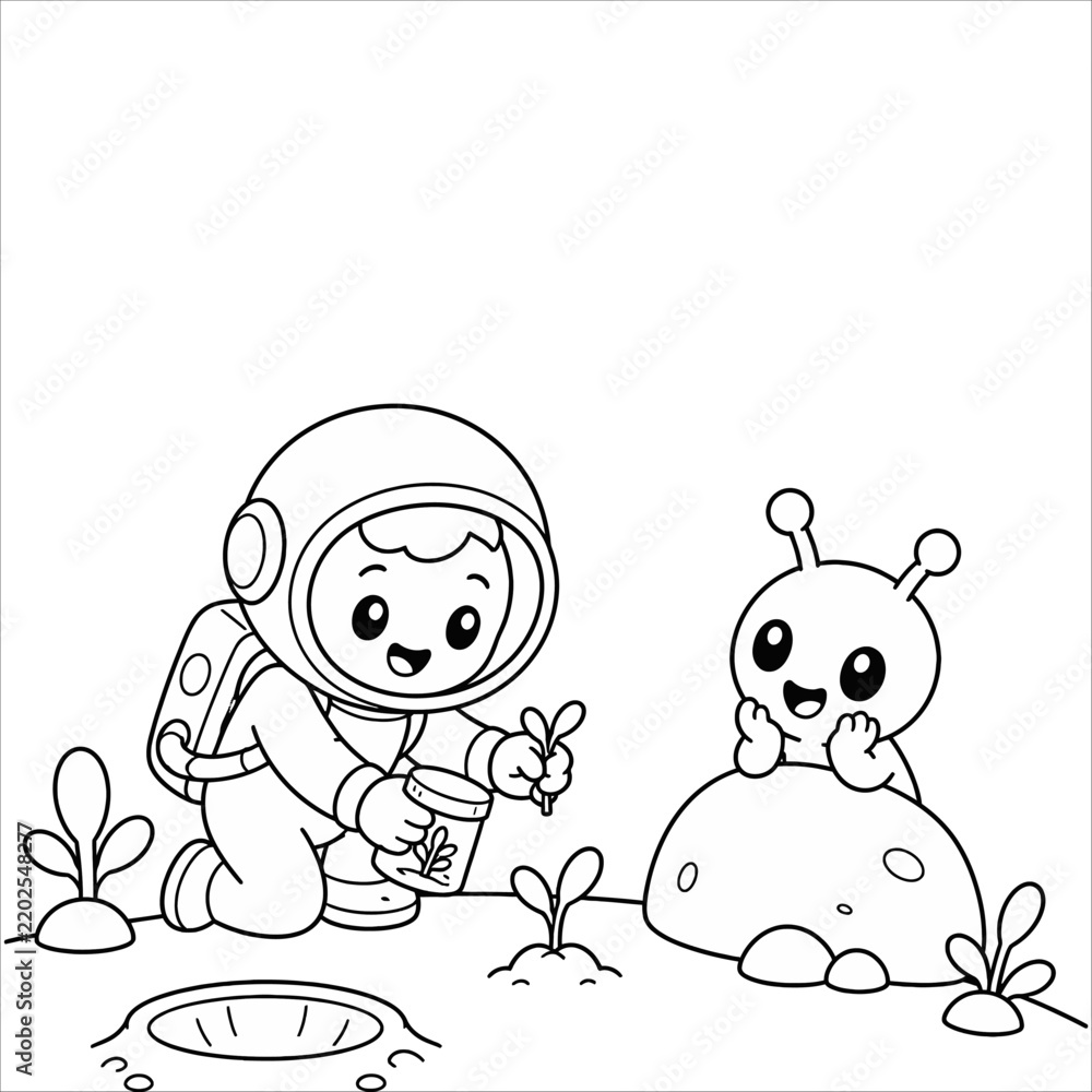 Obraz premium A delightful coloring page featuring a young astronaut befriending a cute alien on a distant planet