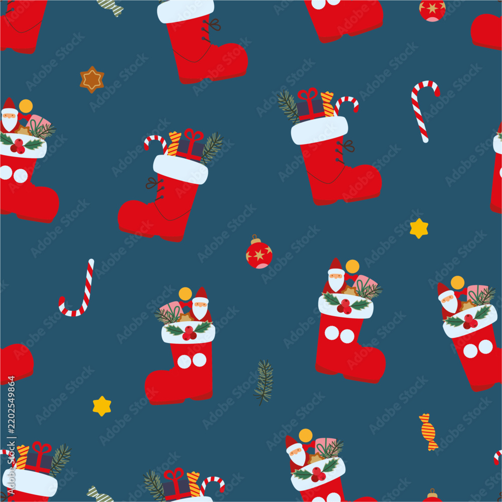 Fototapeta premium Christmas Stocking Boots Seamless Pattern Festive Background