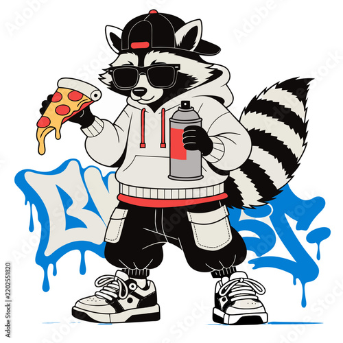 Cool Raccoon Character Eating Pizza in Streetwe