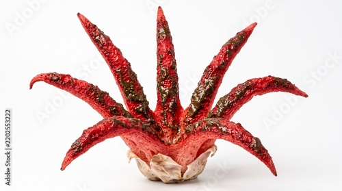 Devil's fingers fungus featuring vibrant red star-shaped arms and a central spore mass isolated on a pure white background.