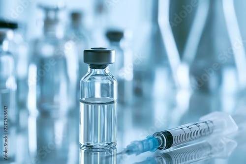 Glass vaccine vial resting next to a medical syringe with fine measurement markings, bright laboratory backdrop and vaccination concept.