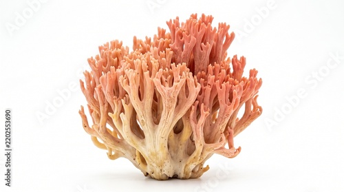 Coral mushroom cluster showcasing intricate pink branching structures isolated on white.