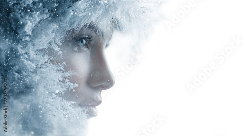 Winter fantasy portrait of woman in icy frost and snow mist with fur hood side profile