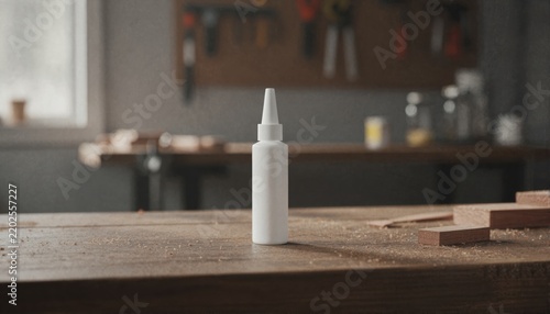 White adhesive tube on a rustic workshop bench with wood accents