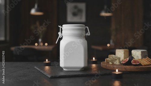 White gourmet jar with a clean label on a dark slate surface with cheese and figs in moody lighting