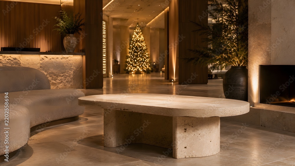 Obraz premium Luxury hotel lobby lounge with Christmas tree and modern stone coffee table