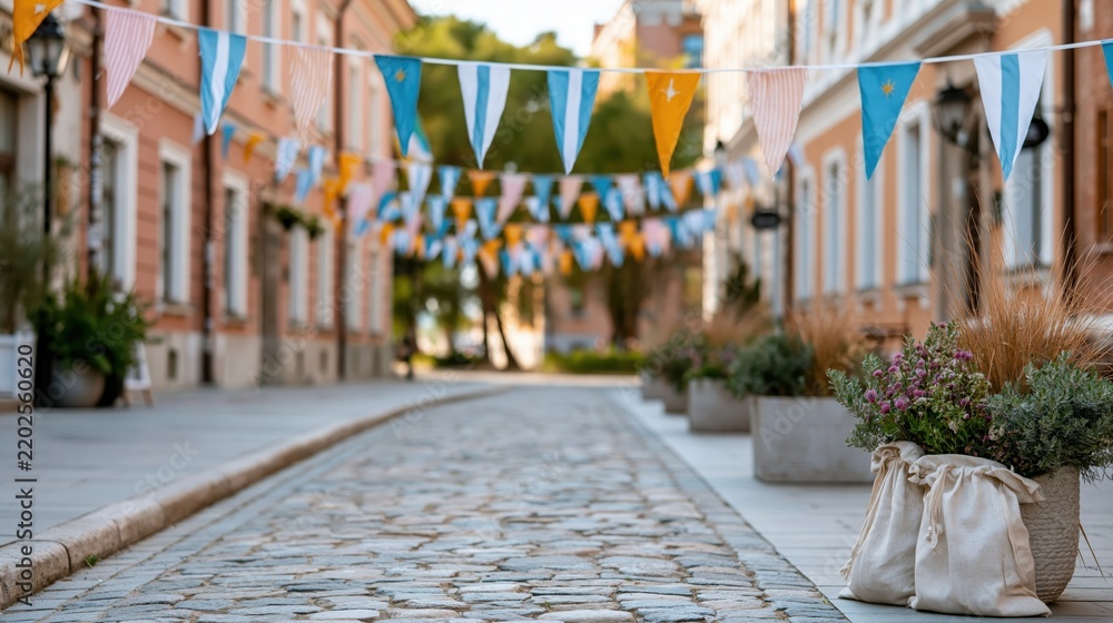 Obraz premium A picturesque cobblestone street lined with colorful banners and planters, perfect for festive events and capturing the atmosphere of joy and community spirit.