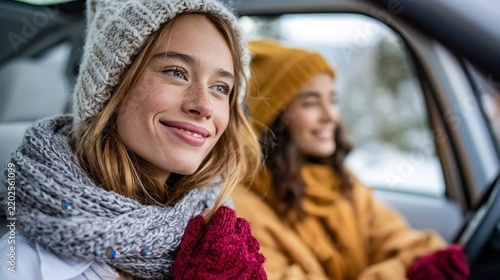 This cheerful image features two friends enjoying a cozy drive in winter attire, showcasing friendship, warmth, and the joy of shared experiences during the colder months.