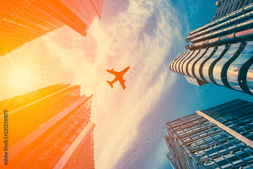 Airplane silhouette flies above modern skyscrapers during a vibrant sunset creating a dynamic cityscape