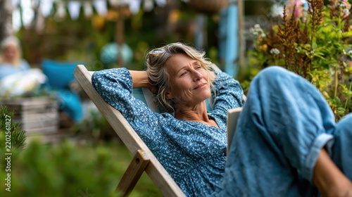 A serene woman lounges in her vibrant garden, blissfully enjoying a moment of peace, surrounded by greenery and colorful flowers that embody the joy of nature.
