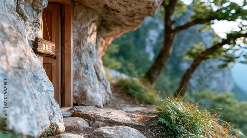 A quaint doorway set in a rocky landscape features a rustic sign reading 'LOVE', symbolizing warmth, inviting comfort, and the beauty of natural settings.