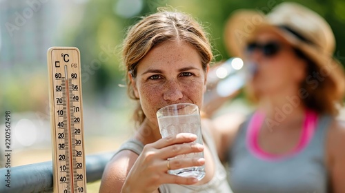 A young woman holds a glass of clear water, refreshing herself on a warm day, with a thermometer indicating high temperatures in the background.