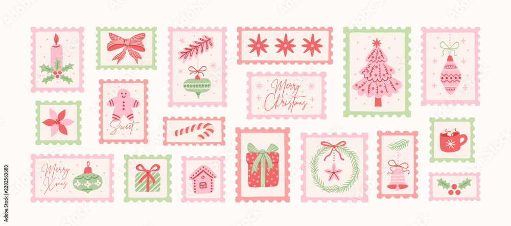 Obraz premium Set of vintage Christmas postage stamps. Winter holiday postage stickers. Xmas celebration mail postmark. Cute hand drawn Christmas tree, gifts, bow, gingerbread, baubles, candy. Vector illustration.
