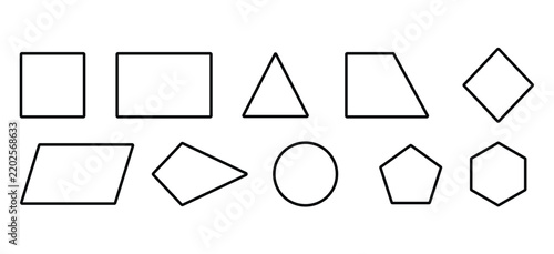 Set of basic geometric shape icons featuring square, rectangle, triangle, trapezoid, diamond, rhombus, parallelogram, kite, circle, pentagon, and hexagon. Clean line vector illustration for mathematic