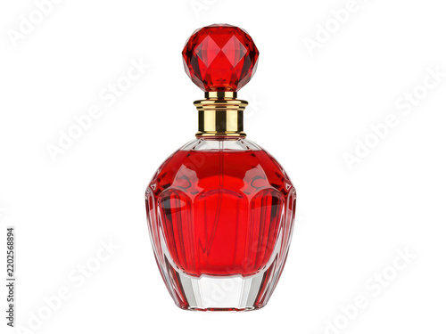 Elegant red perfume bottle with a crystal cap isolated on transparent background