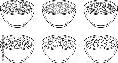 Bowls of various grains and legumes vector illustration