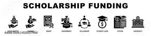 Scholarship Funding banner web icons set vector illustration glyph style.