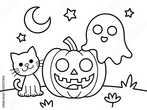 Cute Halloween coloring page for kids: jack-o'-lantern and ghost, printable sheet