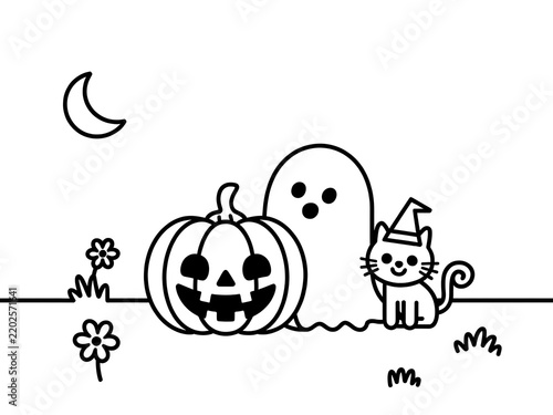 Cute Halloween coloring page for kids: jack-o'-lantern and ghost, printable sheet