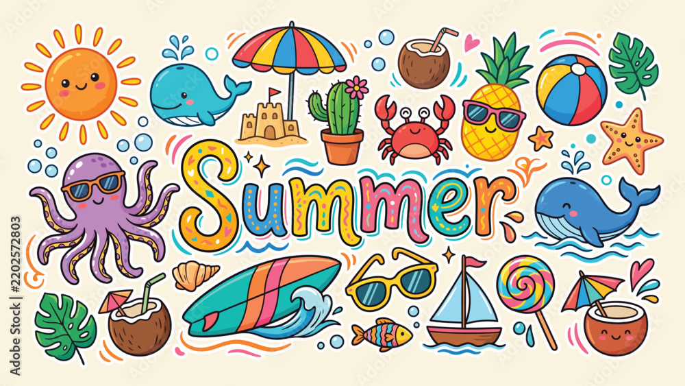 Fototapeta premium Colorful hand drawn summer vacation doodle collection