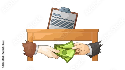 Фотография Hands exchanging money under wooden desk with board corporate bribery