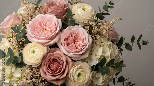 Elegant bouquet of pink and white roses with greenery arranged in a neutral studio setting with ample copy space