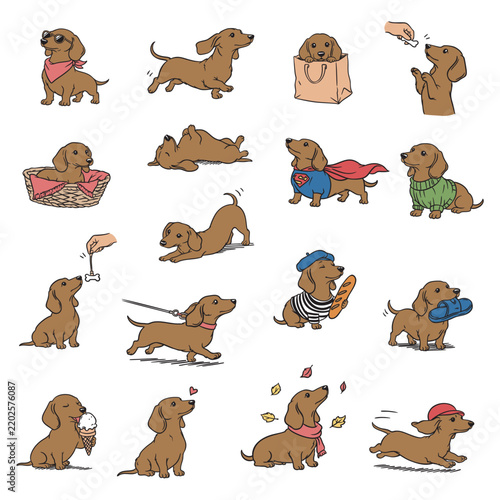 Cute dachshund puppy stickers and icons set. Hand drawn retro doodle vector illustration of funny dachshund dog characters eating ice cream, wearing sweater, sunglasses, and superhero cape